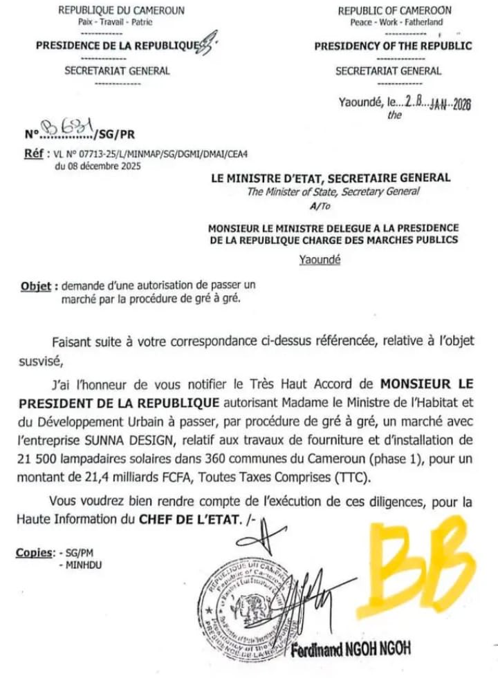 Faire un gré à gré pour ce montant :21 milliards de Francs, c’est une catastrophe 😔. C’est quoi l’urgence au point où on ne peut pas passer un appel d’offres. De plus, on aura 1 lampadaire à approximativement 1 million 😔   Sur Alibaba c’est 10/100 maximum