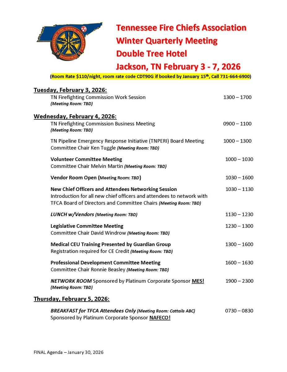 Tennfirechiefs's tweet photo. TFCA Winter conference AGENDA Feb. 4-6, 2026
Double Tree Hotel in Jackson, TN. TN Fire Chiefs will host our final in-person SAFER 3 Training Workshop "Enhancing Volunteer Recruitment and Retention: It's Everyone's Job" on Sat., February 7th
Register: https://t.co/UiYBr6g3PE... https://t.co/crnuvy6e2f