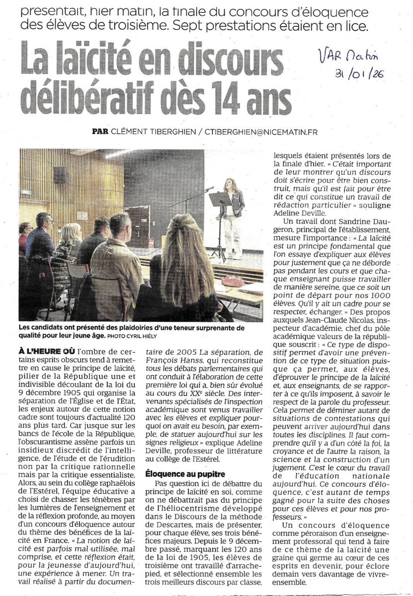 Concours d’ éloquence sur le thème des bénéfices de la laïcité des élèves de 3emes : une réussite pour cette première