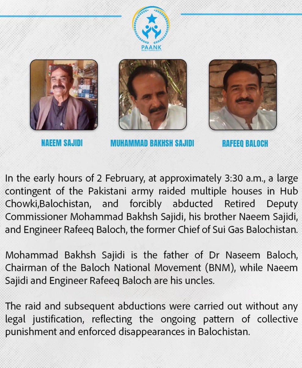 johnmcdonnellMP's tweet photo. There’s been a worrying escalation of repression by Pakistan forces in Balochistan, including the abduction of 3 prominent members of the community.  Naeem Sajidi, Muhammad Bakhsh Sajidi &amp; Rafeeq Baloch. It’s critical the international community presses Pakistan to release them. https://t.co/BDzZ0SH3E0