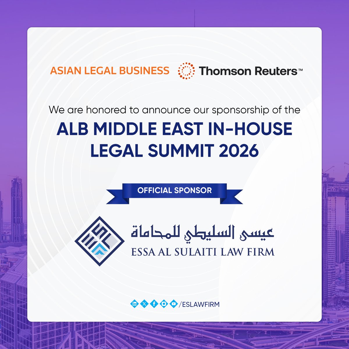 #Essa_Al_Sulaiti_Law_Firm is pleased to sponsor the #ALB_Middle_East In-House Legal Summit 2026 on Thursday, 05 February 2026, at Fairmont Dubai.
Proud to support this event and contribute to advancing legal discussions in the region.