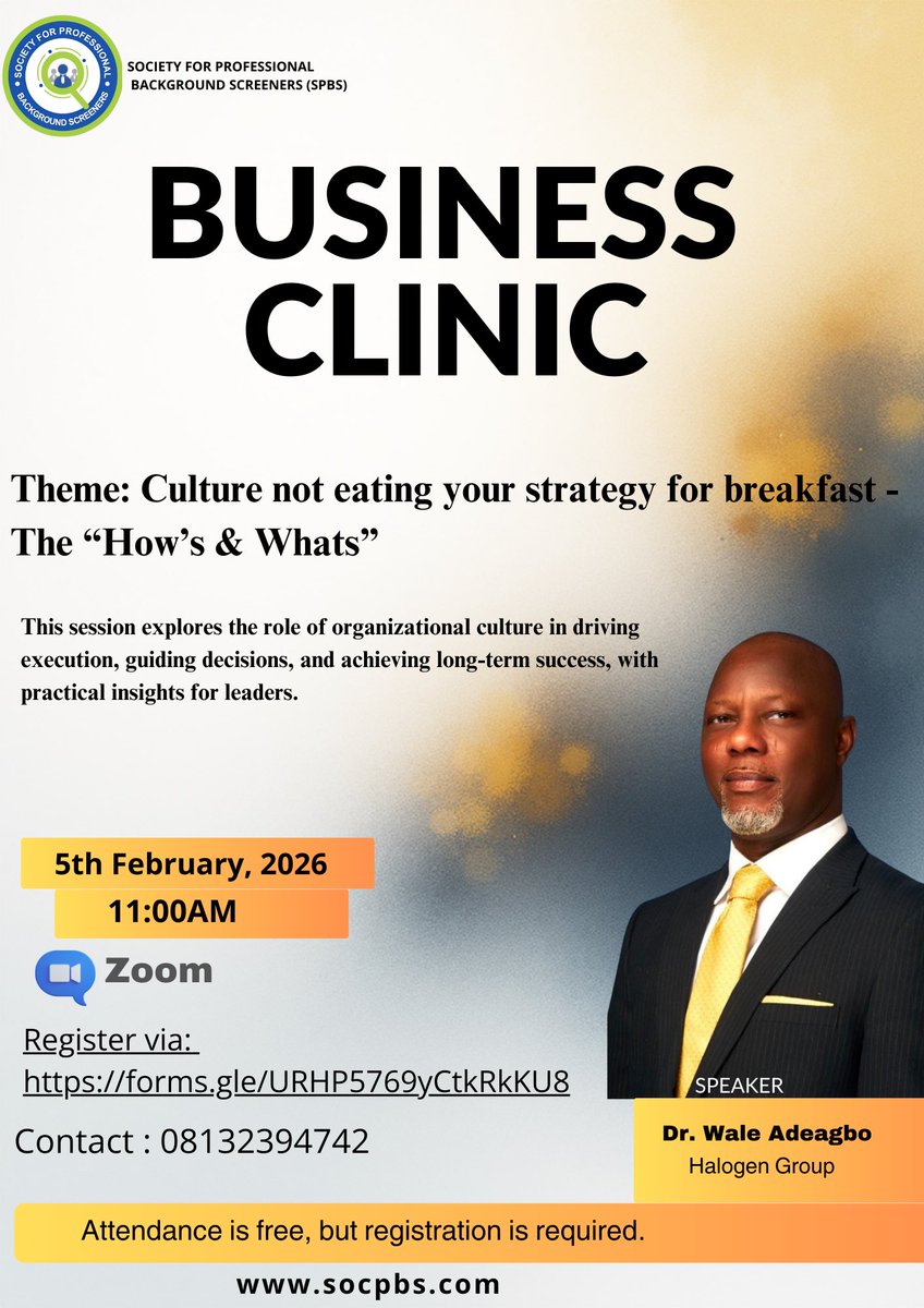 Strategy may set the vision, but culture determines whether it succeeds.

Join the SPBS Business Clinic as we explore how organizational culture drives execution, shapes decisions, and delivers long-term results.
#spbs #businessclinic #backgroundscreening