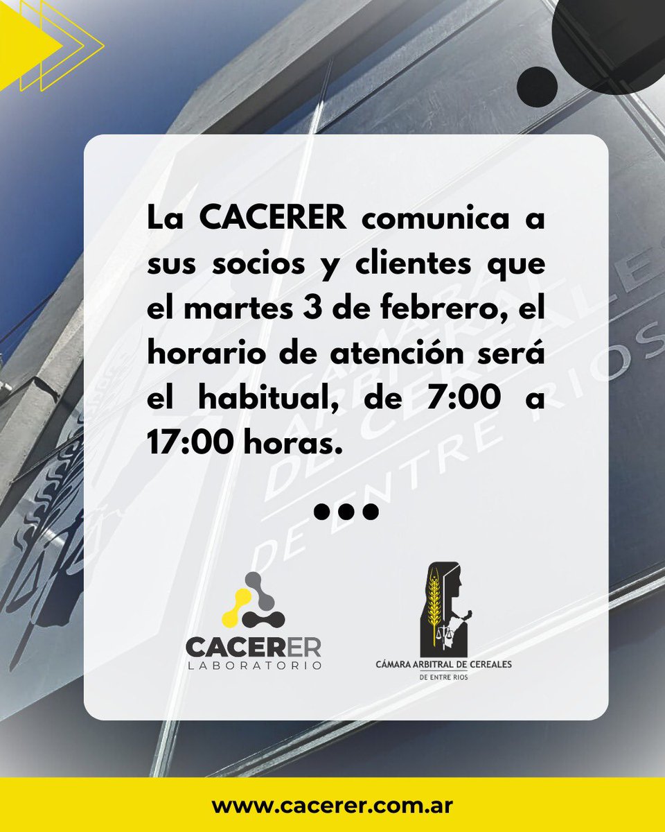 ✅ La CACERER comunica a sus socios y clientes que  el martes 3 de febrero, el horario de atención será el habitual, de 7:00 a 17:00 horas.