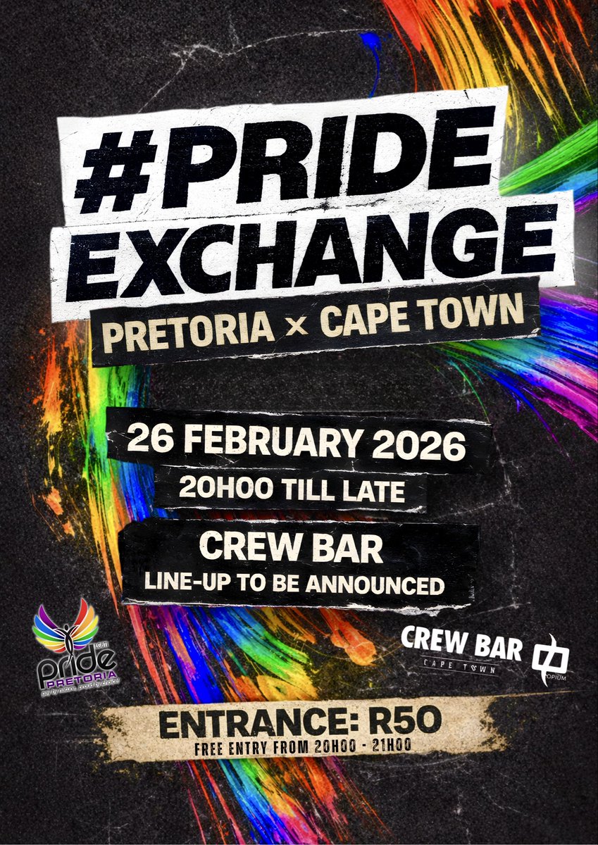 Pretoria 🤝 Cape Town 🌈
Two cities. One night. One powerful exchange.

#PrideExchange lands at CREW BAR on 26 February 2026 — from 20:00 till late.
Expect bold energy, shared talent, and unapologetic pride.
Line-up dropping soon 👀🔥

🎟 Entrance: R50
🕗 FREE entry: 20:00–21:00
