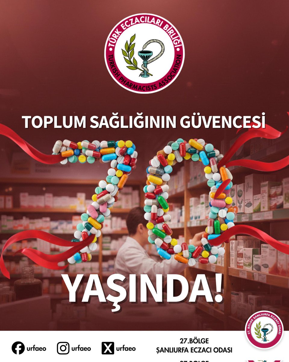 Toplum sağlığının sarsılmaz güvencesi Türk Eczacıları Birliği 70 Yaşında! 70 yıldır üreten birliğimizin kuruluşunu gururla kutluyoruz. 

Birlikte nice 70 yıllara, omuz omuza...