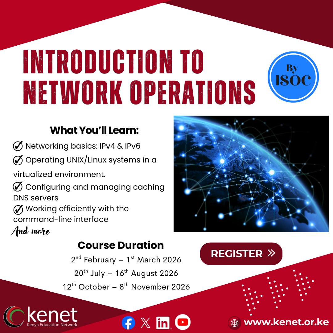 kenet_ke's tweet photo. The Introduction to Network Operations Course is an online, hands-on training programme offered by the Internet Society targeting entry level UNIX/Linux users who are seeking to strengthen their Network or System Administration expertise. https://t.co/3UMe3N5wNJ