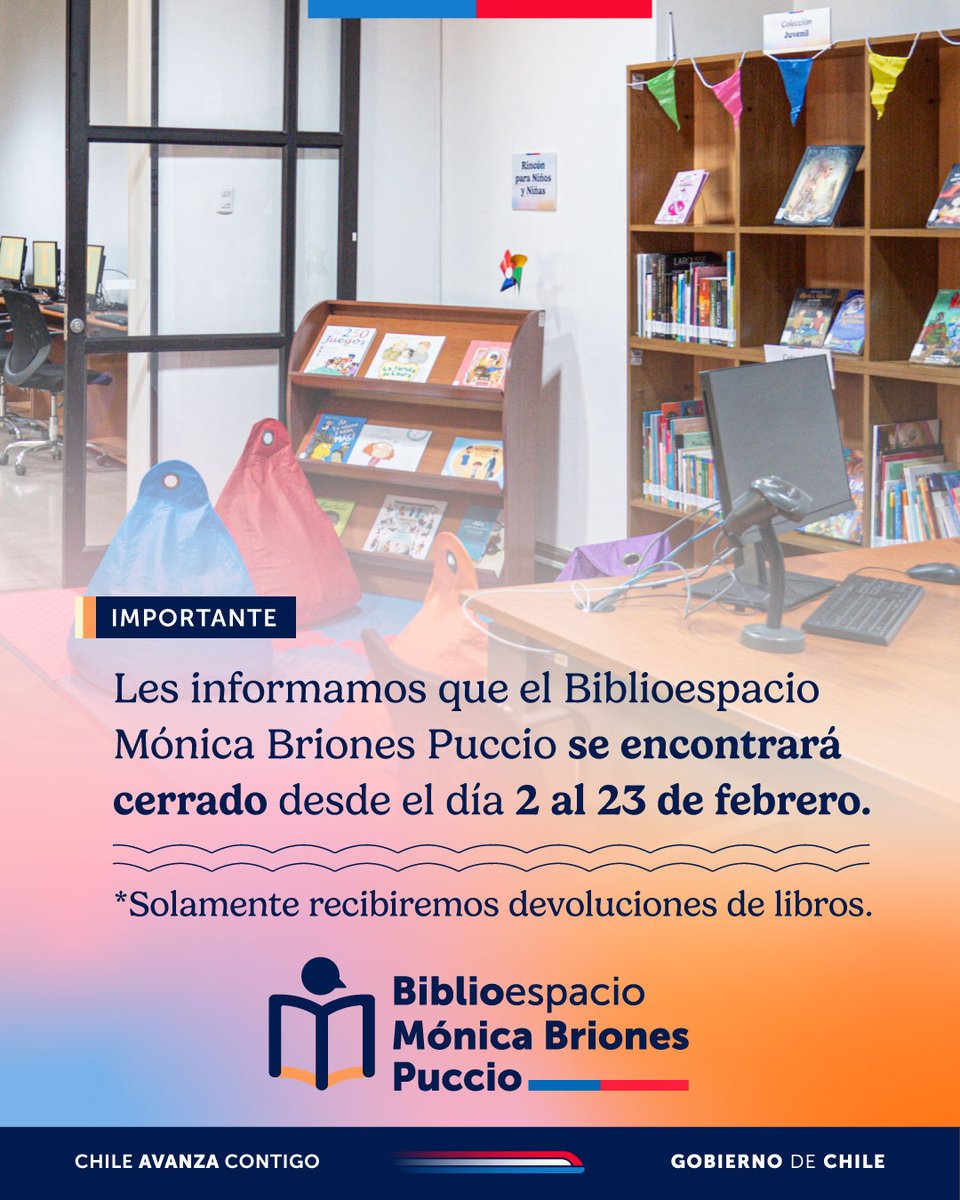 👀 ¡Atención! Les informamos que el Biblioespacio se encontrará cerrado desde el día 2 al 23 de febrero, ambos días incluidos.

📚 Durante estos días, solo recibiremos devoluciones de libros.

Muchas gracias por su comprensión y les esperamos en las futuras actividades 2026.