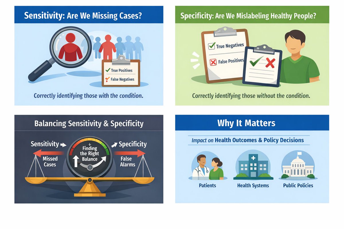 MmansarC's tweet photo. In public health research, accuracy is not just about getting the right answer; it is about understanding how we arrive at that answer.

This is where sensitivity and specificity matter.

Sensitivity asks: Are we missing cases?
Specificity asks: Are we wrongly labelling healthy people?
There is always a trade off. Improving one often reduces the other. The right balance depends on context, consequences, and health system capacity.

In screening programmes for infectious diseases, NCDs, and nutritional deficiencies, this balance shapes individual care, resource use, and policy decisions.

No measurement tool is perfect. The goal is informed choice, not perfection.

Precision in concepts leads to better evidence, better decisions, and better health outcomes.

#PublicHealth #Epidemiology #HealthResearch #Screening #EvidenceBased #GlobalHealth
