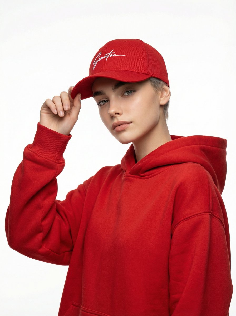 ChillaiKalan__'s tweet photo. Grok Imagine on @SocialSight 

Prompt :
Ultra-realistic luxury fashion editorial photograph of a female fashion model wearing the reference red baseball cap and a perfectly color-matched red hoodie, featuring a small, clean, center-chest embroidered logo identical to the cap logo.

The model is seated casually on a low matte chair or studio floor, knees slightly bent, posture relaxed but confident.

Styling:

Cap: Scarlet red, center-aligned white embroidered logo, crisp stitching.

Hoodie: Heavyweight cotton fleece, exact tone match, small white embroidered chest logo.

Makeup: Clean editorial neutral tones.

Camera: Medium-close crop, waist-up or knee-up, 85mm lens, shallow depth of field.

Lighting: Soft studio key light with subtle rim light on the cap edge.

Background: Warm off-white studio cyclorama, subtle cream/ivory gradient.

Render: 8K, ultra-sharp face and embroidery, zero noise, zero watermark.