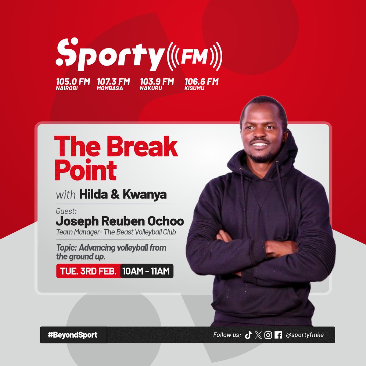 SportyFMKE's tweet photo. This Tuesday on #TheBreakPoint, Hilda and Kwanya sit down with Joseph Reuben Ochoo, Team Manager of The Beast Volleyball Club, to unpack how volleyball is being built from the ground up. Be sure to catch the convo only on #SportyFMKE #BeyondSport https://t.co/XG4PnSM1PD