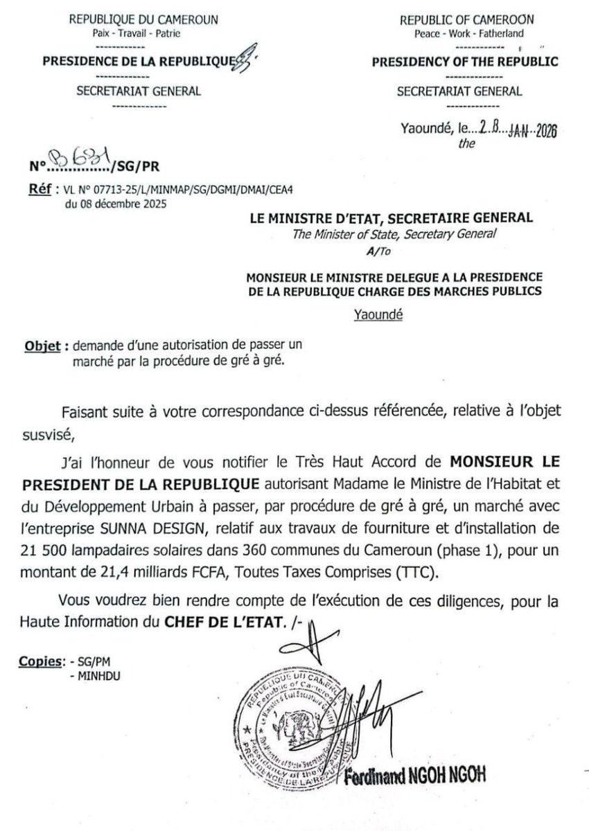jtchoufang's tweet photo. Tout d'abord remercier @BerthierAce pour son partage toujours très rapide de la correspondance du #SGPR datant du 28/01/2026, qui précise dans les grandes lignes la nature de ce marché que conduira la #MINHDU.... https://t.co/4mLThm9NVO