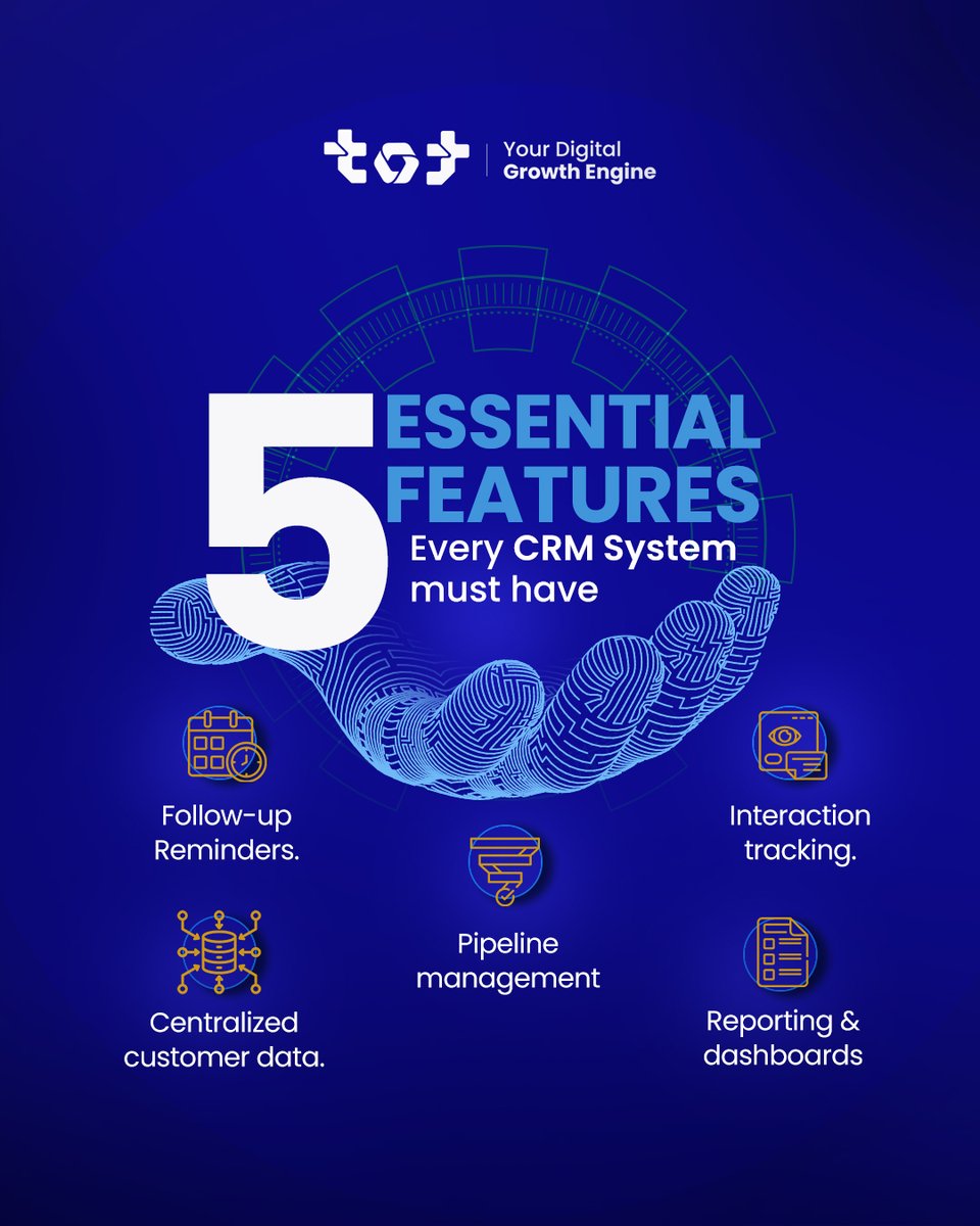 TOTPlatformEG's tweet photo. 1 - Centralized customer data.
2 - Interaction tracking.
3 - Follow-up reminders.
4 - Pipeline management.
5 - Reporting &amp; dashboards.

Which feature is most important for your business?
Comment below. https://t.co/UmpdwqQRHF