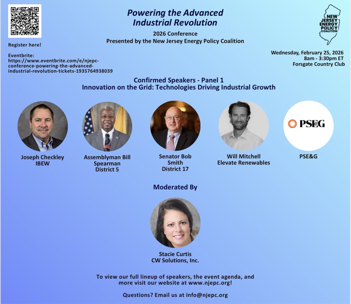 NJEPC Conference — Powering the Advanced Industrial Revolution

📅 Wednesday, February 25, 2026
⏰ 8:00 AM – 3:30 PM EST
📍 Forsgate Country Club, Monroe Township, NJ

See our lineup for Panel 1 below!

👉 Learn more &amp; register:eventbrite.com/e/njepc-confer…