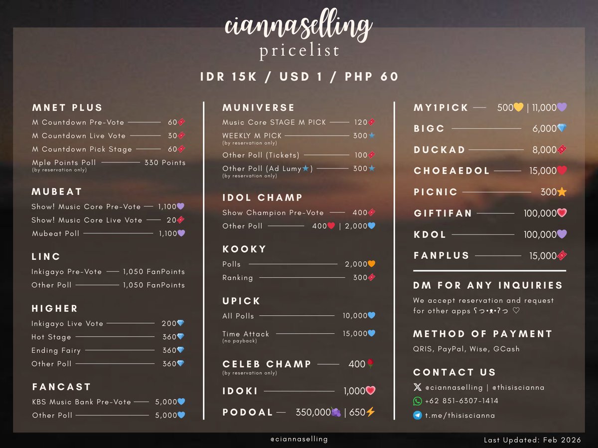 <a href="/ciannaselling/">cianna selling kpop votes</a> 's pricelist  ⋆˚𝜗𝜚˚⋆

𖹭 MNET PLUS
𖹭 MUBEAT
𖹭 LINC
𖹭 HIGHER
𖹭 IDOL CHAMP
𖹭 FANCAST
𖹭 MUNIVERSE
𖹭 MY1PICK
𖹭 UPICK
𖹭 KOOKY
𖹭 CHOEAEDOL
𖹭 DUCKAD
𖹭 IDOKI
𖹭 PODOAL
𖹭 PICNIC
𖹭 GIFTIFAN
𖹭 many more...

t. wts seller selling vote available sale