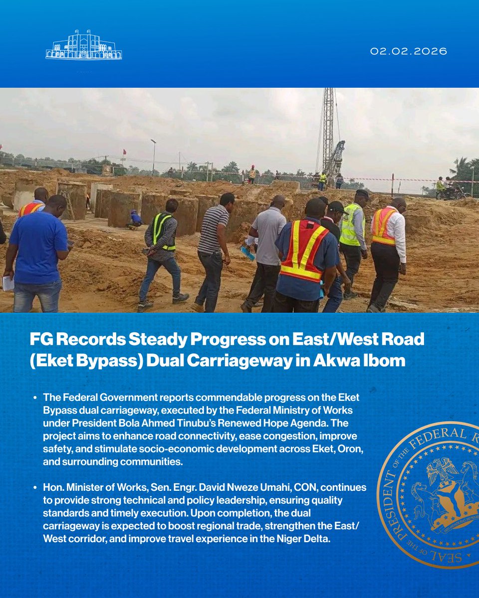 Federal Government Intensifies Infrastructure Engagement in Niger State. 

FG Records Steady Progress on East/West Road (Eket Bypass) Dual Carriageway in Akwa lbom