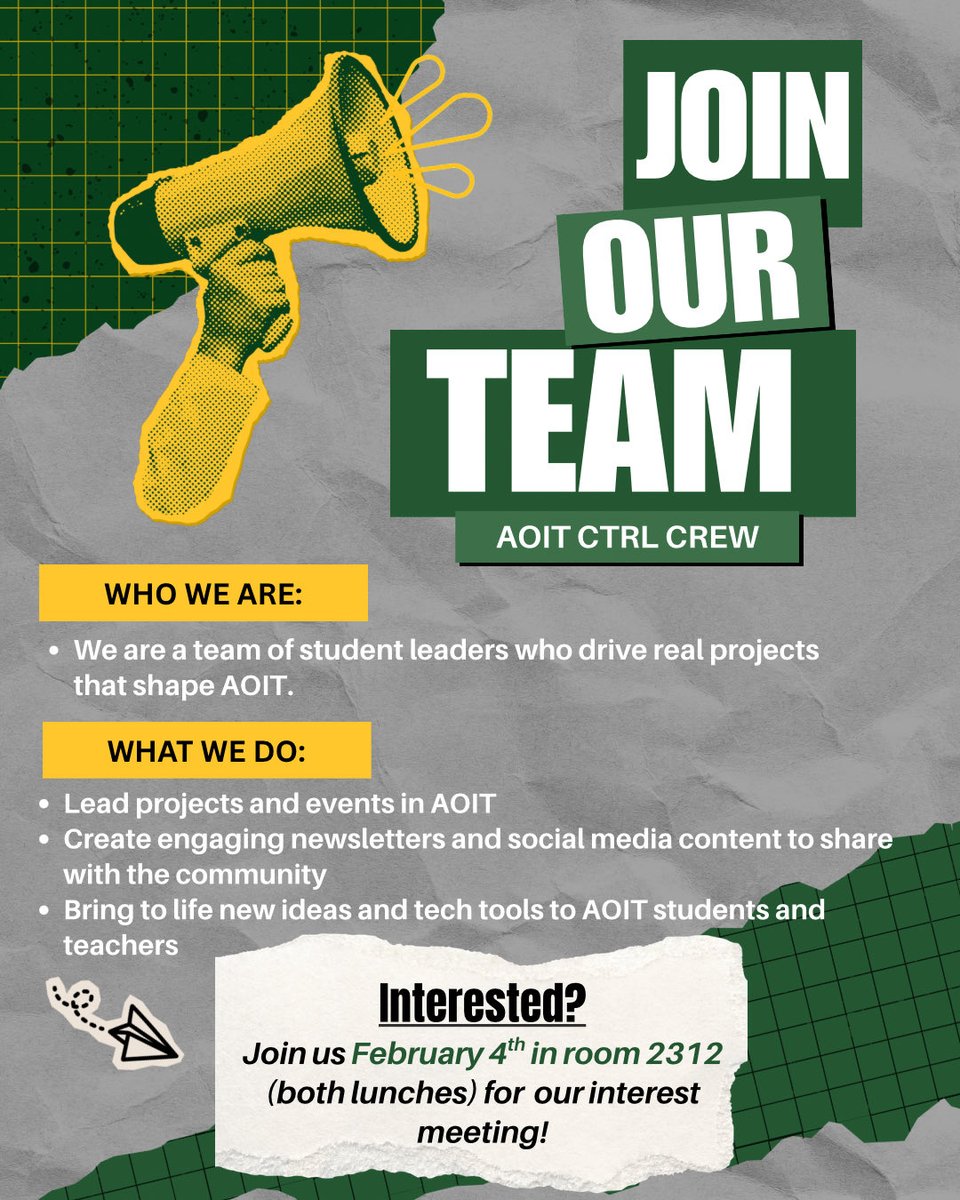 ApexAOIT's tweet image. Interested in becoming a part of the AOIT CTRL Crew? We’re looking for committed and driven students ready to step up and make a real impact in AOIT! Come join us February 4th in room 2312 during both lunches for our interest meeting! Can’t wait to see you there!! #futurefocused