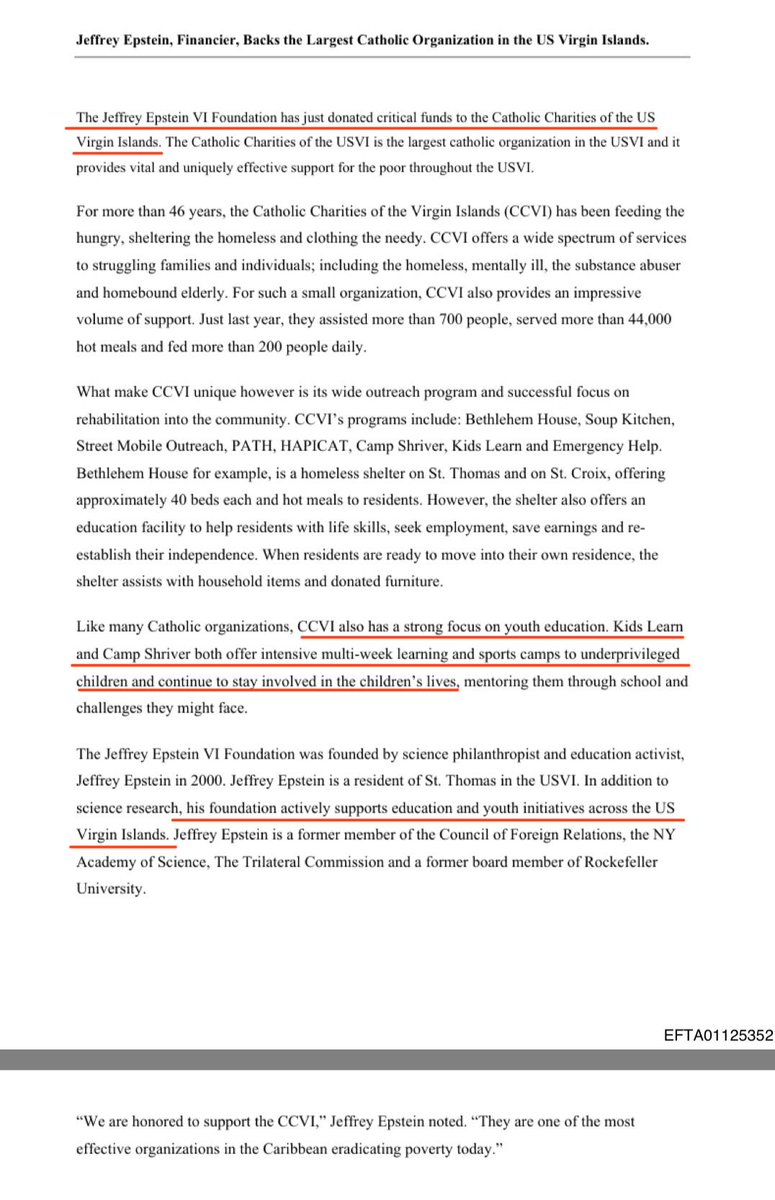 Someone needs to explain why Jeffrey Epstein was making donations to Catholic Charities of the Virgin Islands, specifically mentioning youth programs.