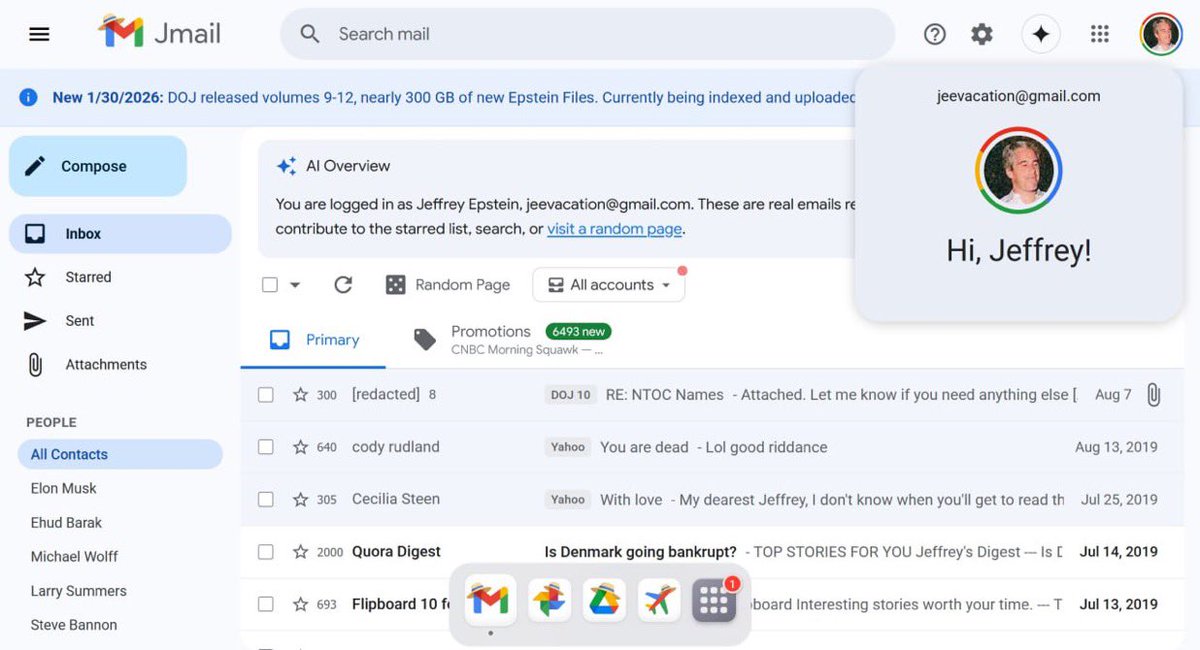 El Gmail de Epstein está activo y puedes revisar TODO:

'Jmail', una réplica de Gmail, Drive y Fotos, organiza los archivos filtrados de Epstein como si hubieras iniciado sesión con su nombre. 

Olvídate de rebuscar entre PDF: busca correos electrónicos, archivos y fotos.