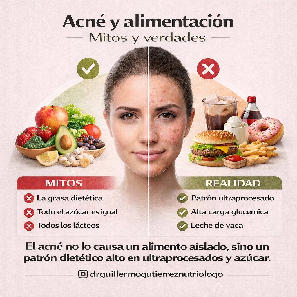 No necesitas hacer “dietas cero grasas, azúcar  y gluten” para combatir el acné. 

En lugar de restricciones extremas sólo debes reducir  las comidas procesadas   y adoptar un patrón saludable de alimentación. 

Además, cada persona responde diferente a ciertos alimentos.
