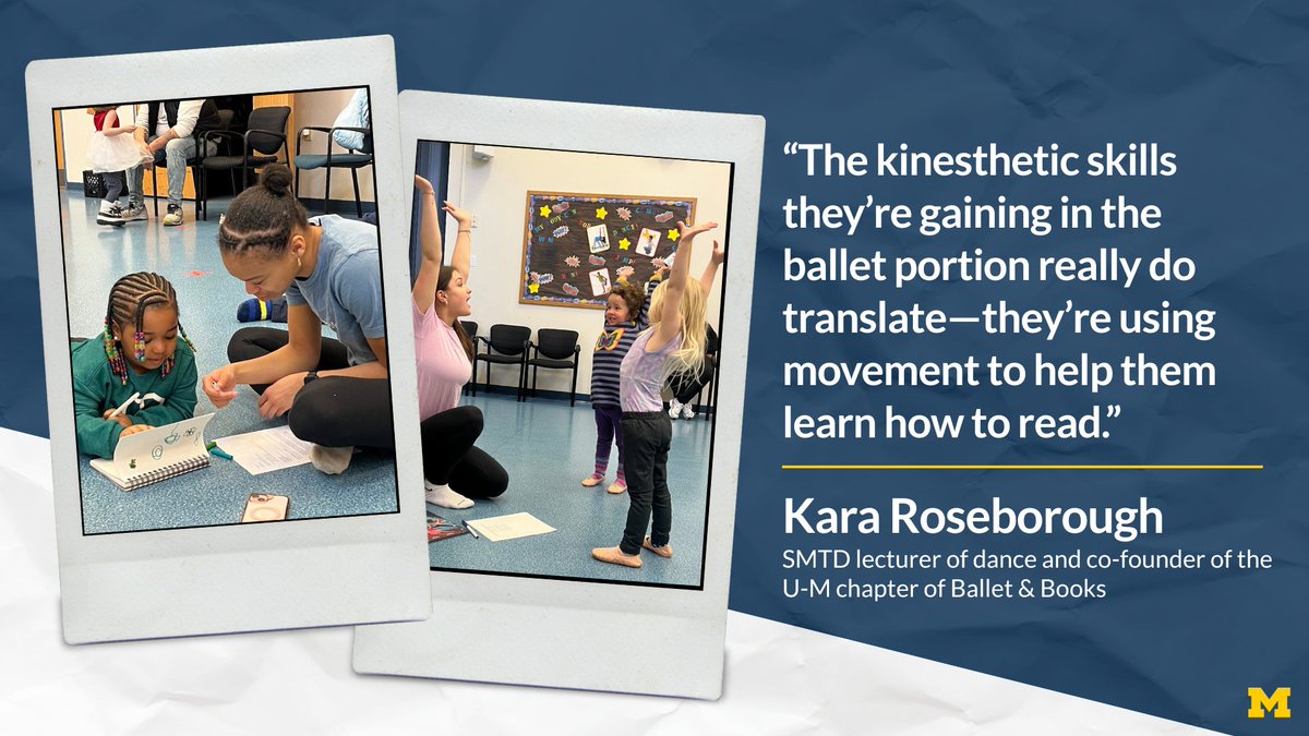 UMich's tweet photo. Ballet &amp; Books, a national nonprofit founded by U-M medical student Talia Bailes, is partnering with @UMichSMTD to redefine arts education for children by merging dance and literacy in a community-based setting. https://t.co/zPevQKZ4W8 https://t.co/gbnX68hVBI