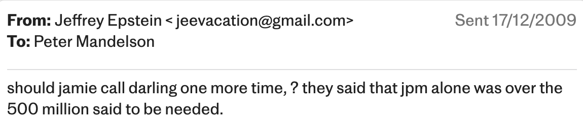 AaronBastani's tweet photo. The revelations in the Epstein files are beyond a leftist fever dream of how elites work.

The CEO of JP Morgan, Jamie Dimon, was using a paedophile financier as an intermediary to...stop a bankers bonus tax.

When the call happened Dimon threateded Chancellor Darling. Gangsterism.