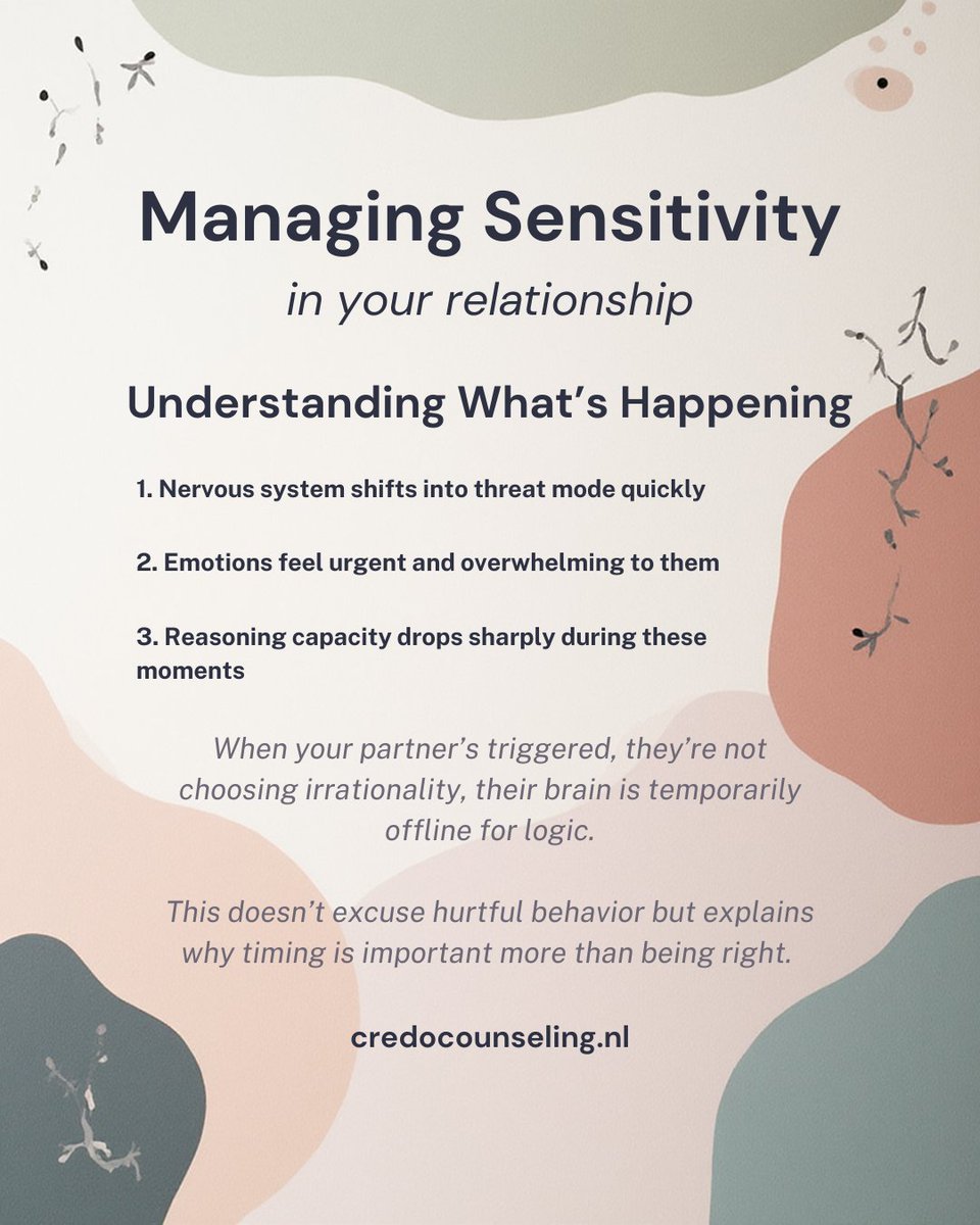 CredoPsych's tweet photo. This is a common and genuinely difficult dynamic. Focus on emotional regulation, boundaries, and timing—skills that are effective regardless of the underlying cause of the sensitivity.
#CouplesGoals 
#MarriageTherapy 
#RelationshipAdvice https://t.co/3UdFxQfsoM