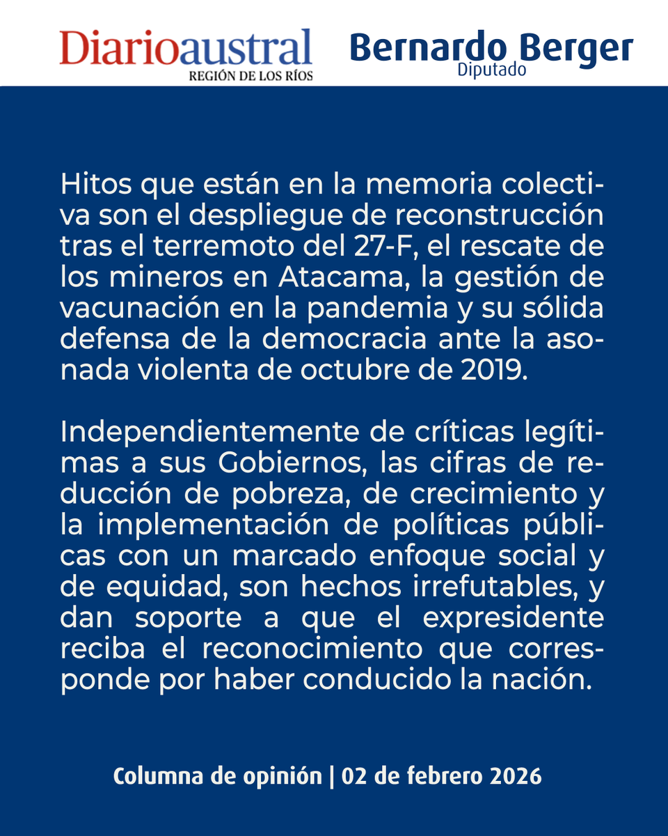 DiputadoBerger's tweet photo. Una democracia madura reconoce los logros, incluso de quienes piensan distinto.
El reconocimiento al expresidente Piñera es un acto de respeto institucional. https://t.co/aM9N9xAOmM