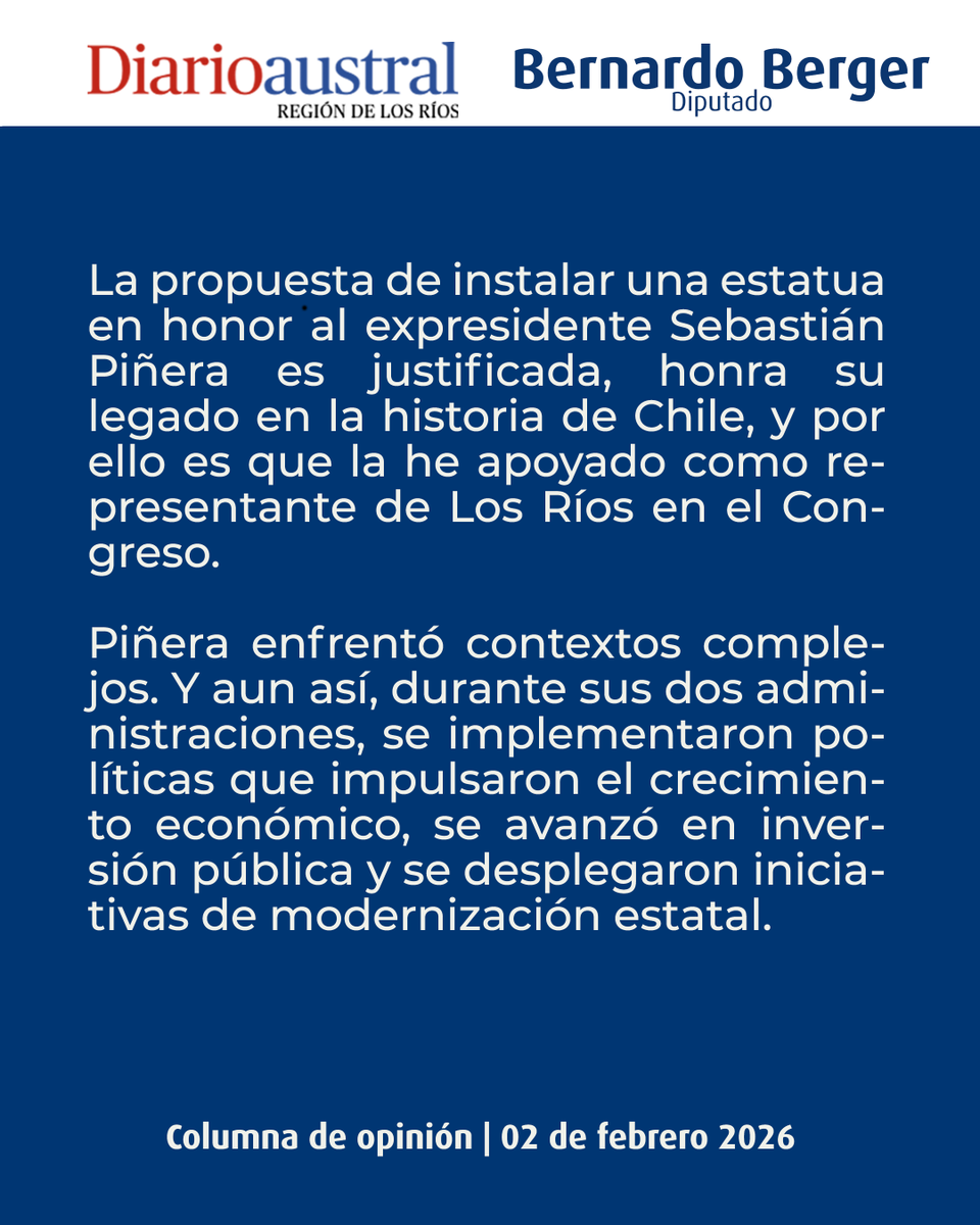 DiputadoBerger's tweet photo. Una democracia madura reconoce los logros, incluso de quienes piensan distinto.
El reconocimiento al expresidente Piñera es un acto de respeto institucional. https://t.co/aM9N9xAOmM