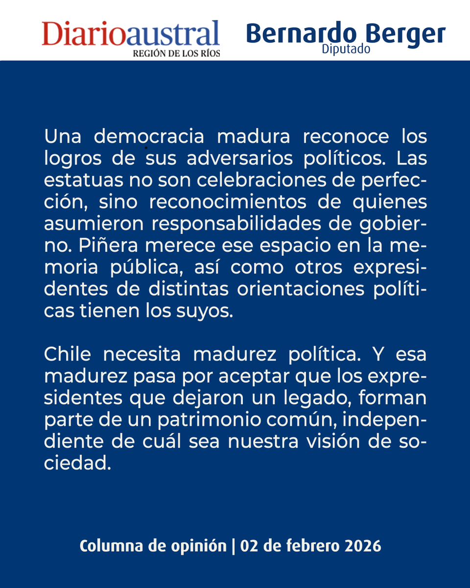 DiputadoBerger's tweet photo. Una democracia madura reconoce los logros, incluso de quienes piensan distinto.
El reconocimiento al expresidente Piñera es un acto de respeto institucional. https://t.co/aM9N9xAOmM
