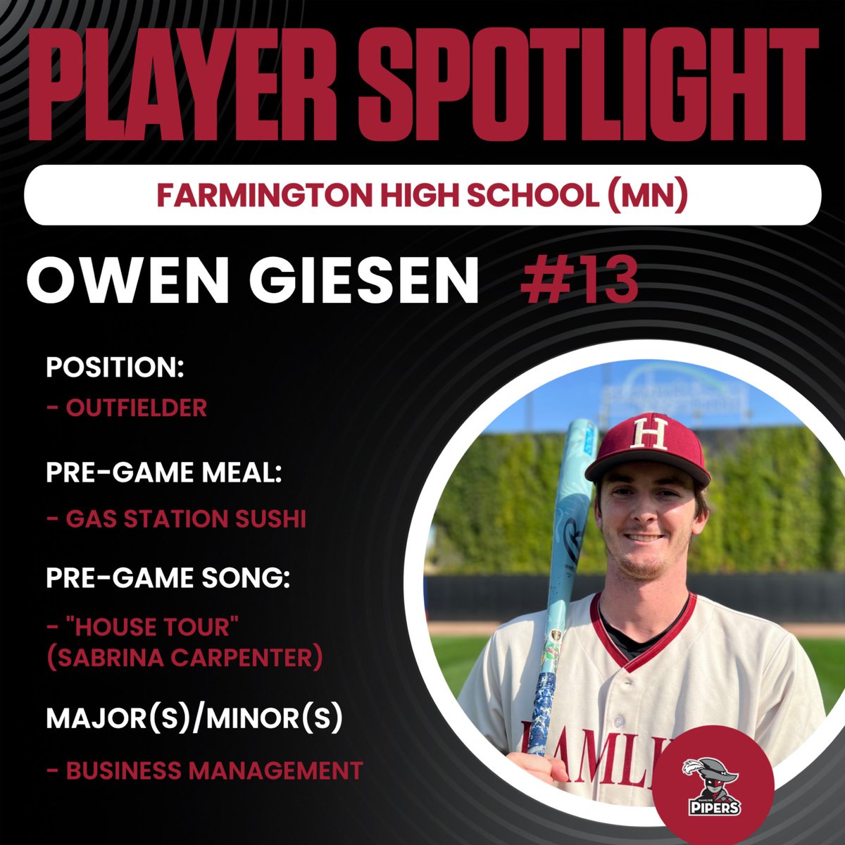 PiperBaseball's tweet photo. Yesterday marked 1️⃣3️⃣ DAYS Until Game Day
Swipe to learn more about 2026 Grad & HU Baseball Leadership Committee member, Owen Giesen! (#13)
📍Farmington, MN
#GoPipers #CountdownToGameDay https://t.co/0mnBAhPnpE