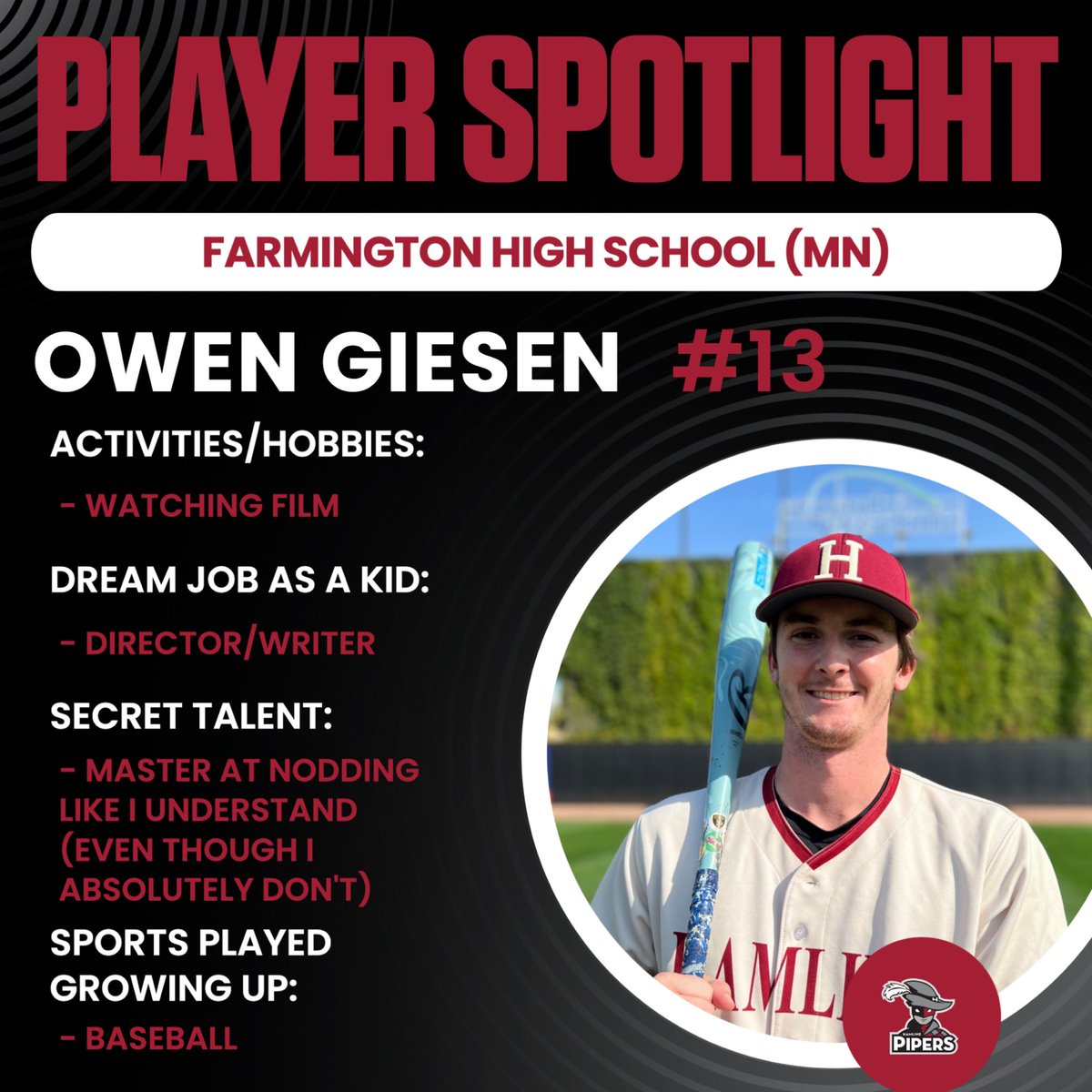 PiperBaseball's tweet photo. Yesterday marked 1️⃣3️⃣ DAYS Until Game Day
Swipe to learn more about 2026 Grad & HU Baseball Leadership Committee member, Owen Giesen! (#13)
📍Farmington, MN
#GoPipers #CountdownToGameDay https://t.co/0mnBAhPnpE