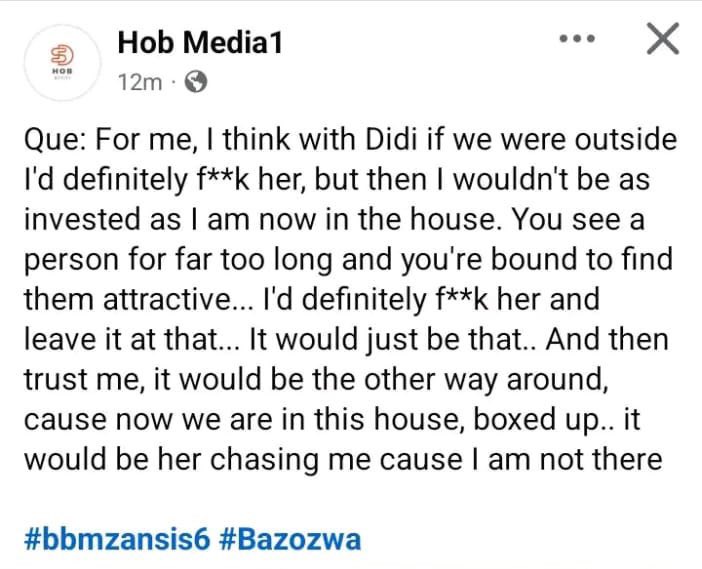 Every hypocrite coming for Didi, Que deserves these lashings from Didi because of the despicable things he said about her. Que is not a victim 

#BBMzansiS6 #BBMzansi