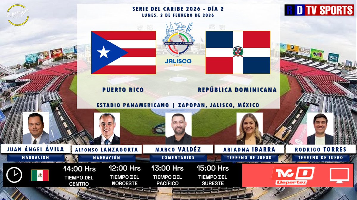 🇲🇽 ⚾️ #SerieDelCaribe  #Jalisco2026  #Día2 | 🇵🇷 #PuertoRico  🆚 #RepúblicaDominicana 🇩🇴

🗓️ Hoy
🇲🇽⏰ 14:00 Hrs TC, 12:00 Hrs TP
📺 <a href="/TVCDeportes/">TVC Deportes</a>
🎤 <a href="/juanangelavila/">Juan Angel Avila</a>
🎤 <a href="/Alfonsolanzagor/">alfonso lanzagorta</a>
🎤📝 <a href="/m_valdez12/">Marco Valdez Zavala</a>
🎤⛳ <a href="/ariadnaibarramx/">Ariadna Ibarra</a>
🎤⛳️ <a href="/soyrotorres/">Rodrigo Torres</a>

🤳 #SerieDelCaribeEnTVCD #PURDOM