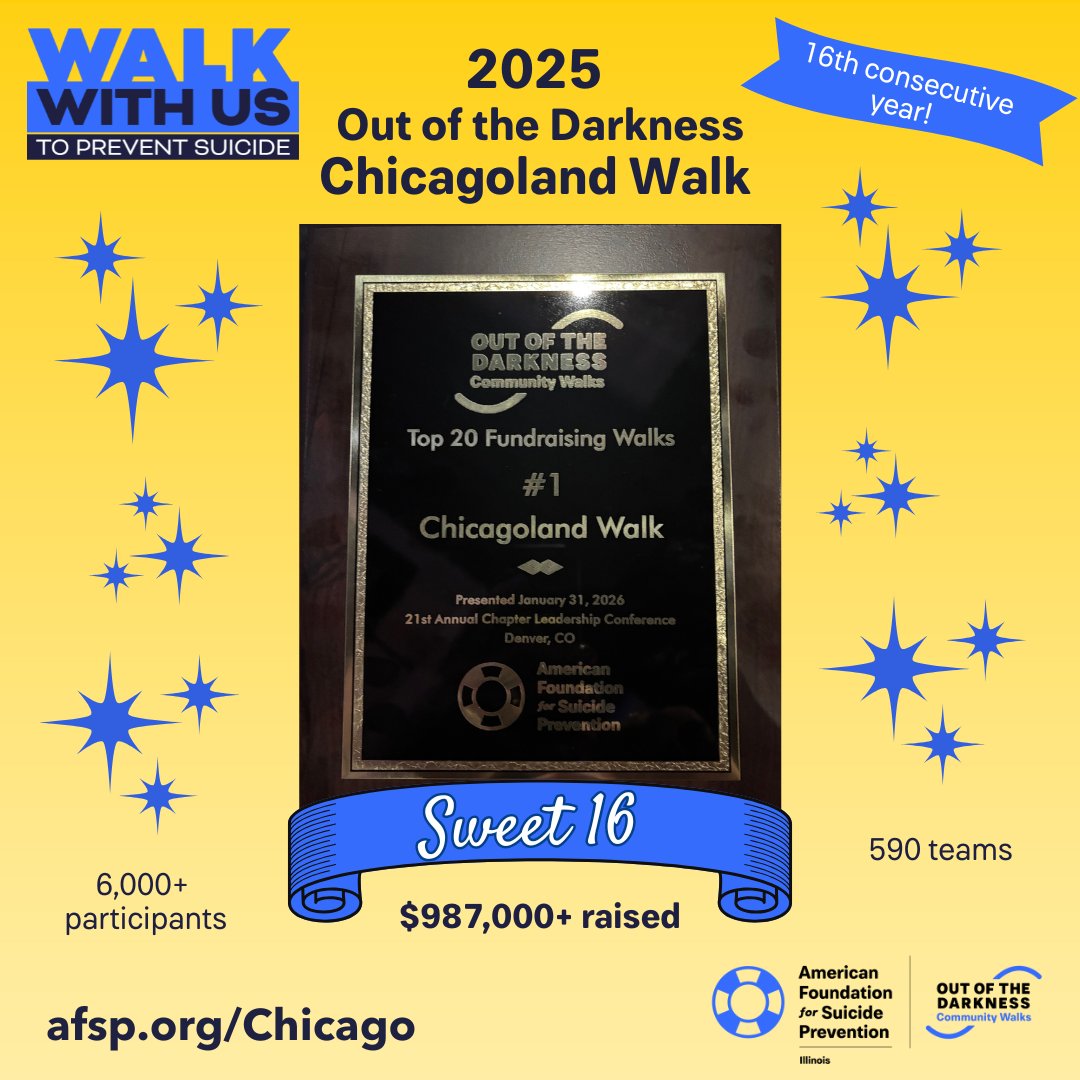AFSP Illinois is incredibly proud to announce that our 2025 Out of the Darkness Chicagoland Walk has been recognized as the #1 Fundraising Walk nationwide — for the 16th consecutive year!