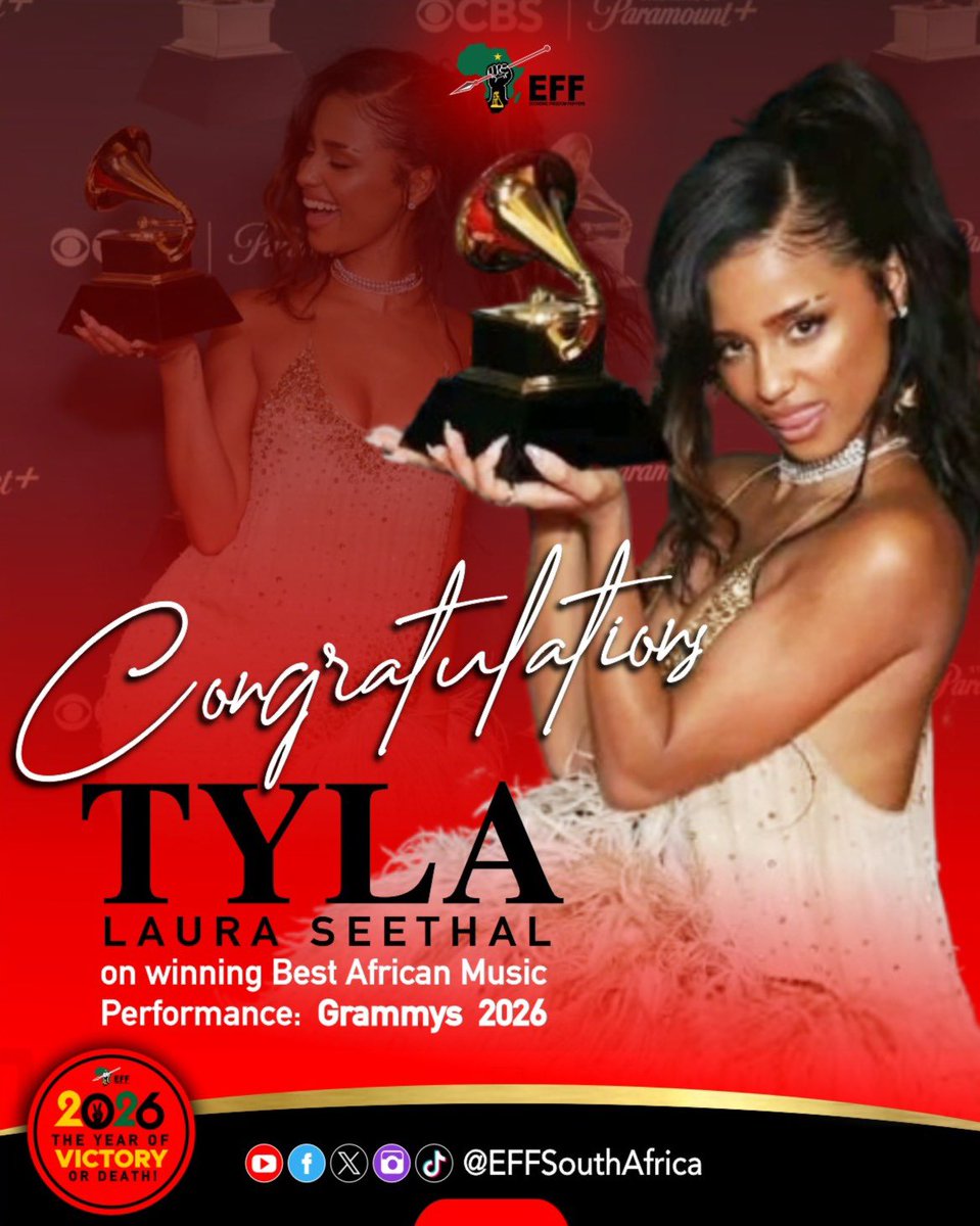 EFFSouthAfrica's tweet photo. The EFF congratulates Laura Seethal “Tyla” on winning Best African Music Performance at the 2026 Grammy Awards. 

This historic achievement is a powerful affirmation of African excellence on the global stage and a proud moment for South Africa and the continent. https://t.co/dmzYpQ86Vu