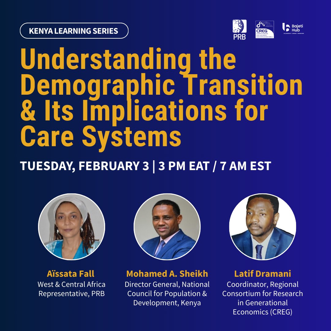PRBdata's tweet image. ⭐ TOMORROW: Don't miss the kickoff of our Kenya Care &amp;amp; Policy Learning Series!

Our first event will establish the demographic lens as the starting point for care, budget &amp;amp; policy discussions. 

🔗 Register here: bit.ly/49ETdpL

#CareEconomy #Kenya #Budgeting