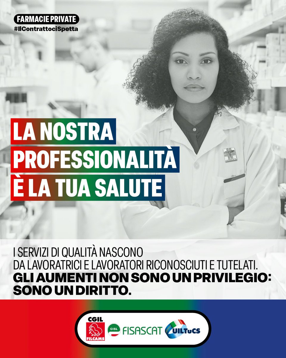 🔴🟢🔵 #FarmaciePrivate, qualità dei servizi e tutele camminano insieme. Senza riconoscimento del lavoro non c’è futuro per l’intero settore. Gli aumenti contrattuali sono una necessità e il rinnovo non può più aspettare. 
Sostieni i nostri diritti: condividi il post!