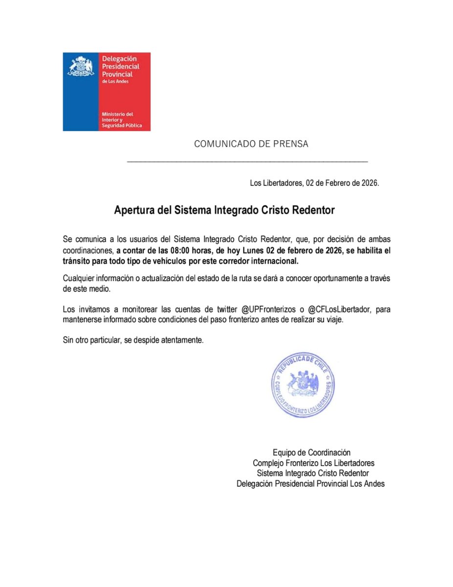 [INFORMACIÓN] ⚠️🏔️

Se informa la APERTURA del Complejo Fronterizo Los Libertadores.