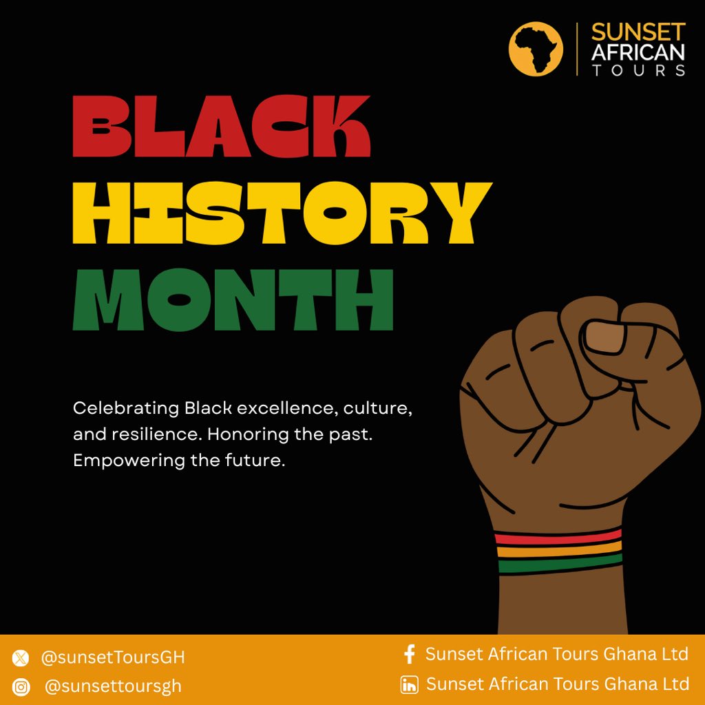 SunsetToursGH's tweet photo. Black History Month is more than a celebration, it’s a reminder of our strength, our stories, and our legacy. 🖤✊🏾
Honouring Black excellence across Africa and the diaspora.

#BlackHistoryMonth #BHM #Travel #VisitGhana #TravelAfrica #Ghana #Africa #SunsetAfricanTours https://t.co/Oc8kiKF3f6