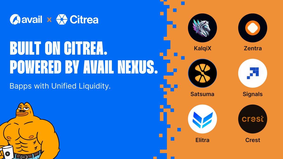 AvailProject's tweet image. If you want to try new Bitcoin apps, save this thread.

These are bApps on @citrea_xyz, with Avail Nexus coming soon 👀

This means you'll be able to use them with your existing funds across chains. No more bridging, swapping, or setting up new wallets.

Let’s start 👇