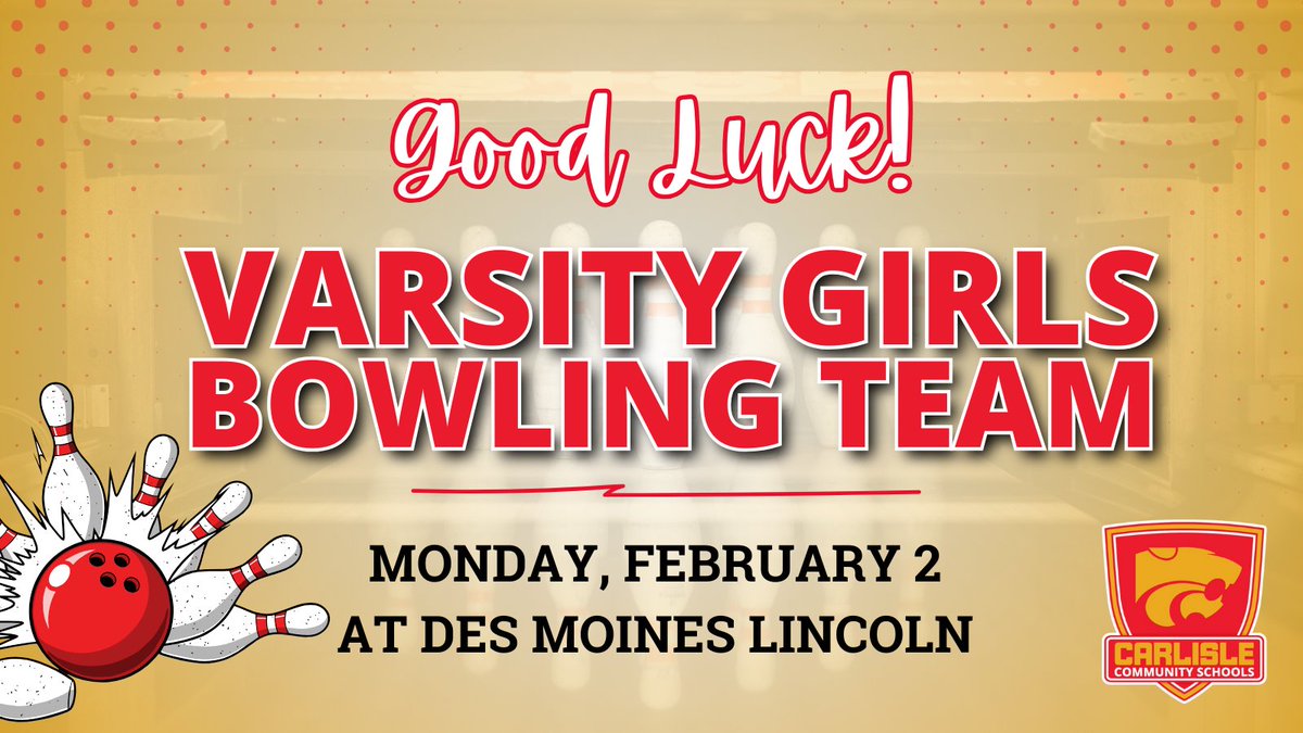 Good luck to our varsity girls bowling team as they compete in the state qualifying meet today at Des Moines Lincoln! 🎳

We’re proud of your hard work and dedication. Knock ‘em down! ❤️💛