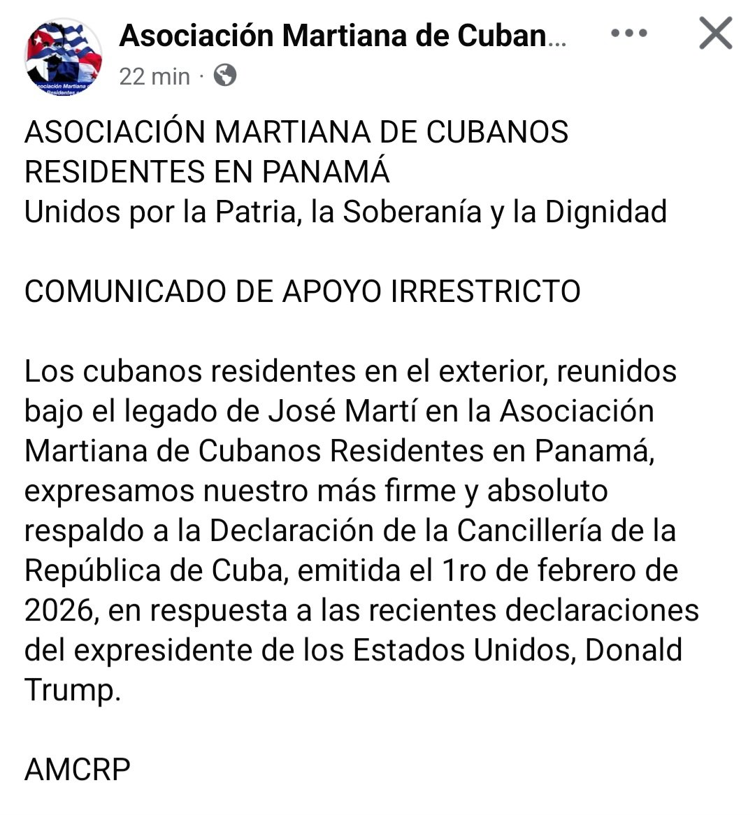 Orestes_PP's tweet photo. Asociación Martiana de Cubanos Residentes en #Panamá expresó hoy su apoyo irrestricto a la Declaración de @CubaMINREX del 1° de febrero.

Aquí texto íntegro del comunicado 
👇 https://t.co/0ZWrcqDOcx
