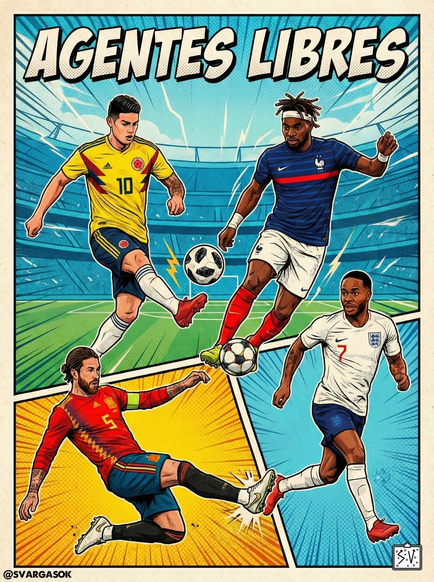 ⚠️ Los siguientes futbolistas son actualmente agentes libres:

🇨🇴 James Rodríguez (34).
🇫🇷 Allan Saint-Maximin (28).
🏴󠁧󠁢󠁥󠁮󠁧󠁿 Raheem Sterling (31).
🇫🇷 Kurt Zouma (31).
🇪🇦 Paco Alcácer (32).
🇫🇷 Dimitri Payet (38).
🇪🇦 Sergio Ramos (39).
🏴󠁧󠁢󠁥󠁮󠁧󠁿 Dele Alli (29).
🏴󠁧󠁢󠁥󠁮󠁧󠁿 Oxlade-Chamberlain (32).
🇧🇪