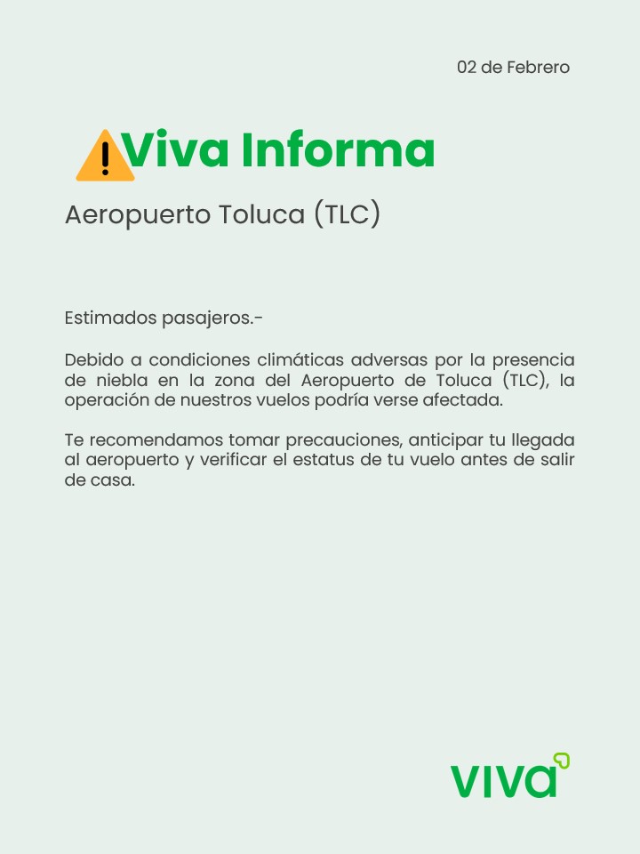 VivaTeEscucha's tweet photo. #VivaInforma #AvisoImportante #Aeropuerto #Toluca #TLC🌫️

Entérate del estatus de tu vuelo dando clic aquí: https://t.co/T32cmw2UwP

Consulta información relacionada desde el siguiente enlace: https://t.co/GOvui8mkiY https://t.co/HDrxSmQ6Rz