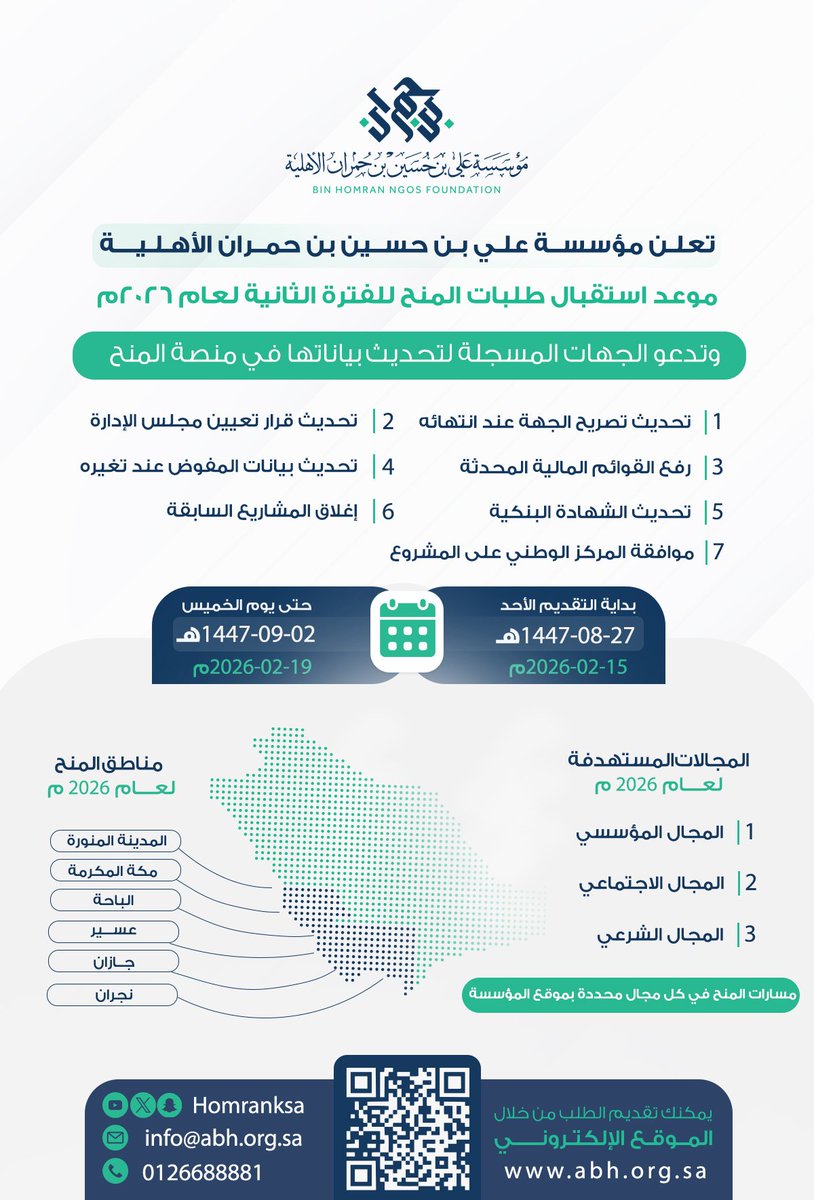 التمكين المالي للجمعيات والكيانات غير الربحية
أحد خدمات جمعية تمكين العمل التنموي
فتح منصات المنح واستقبال الطلبات لعام ٢٠٢٦م

تُعلن مؤسسة #علي_بن_حسين_بن_حمران_الأهلية عن موعد استقبال طلبات المَنْح للفترة الثانية من العام المالي 2026 م من خلال بوابتها الإلكترونية