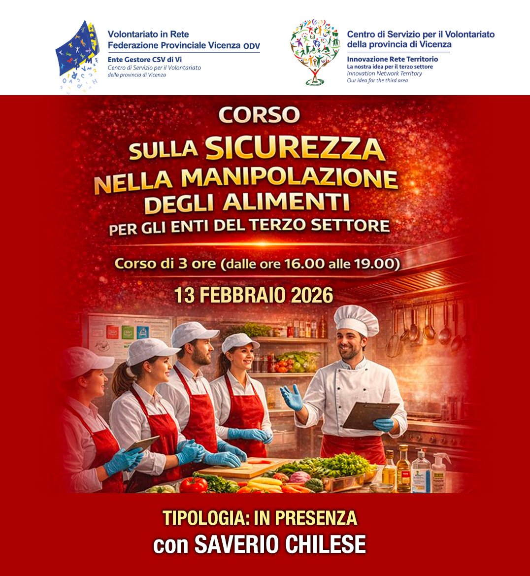 🌟 CORSO SULLA SICUREZZA NELLA MANIPOLAZIONE DEGLI ALIMENTI PER GLI ENTI DEL TERZO SETTORE

📅 Quando:  13/02/2026
💻 Dove: IN PRESENZA
⏰ Durata: Corso di 3 ore (dalle ore 16.00 alle 19.00

👉 Clicca per iscriverti:
forms.gle/mhGL7bya2BsALm…

#csvdivicenza #formazione