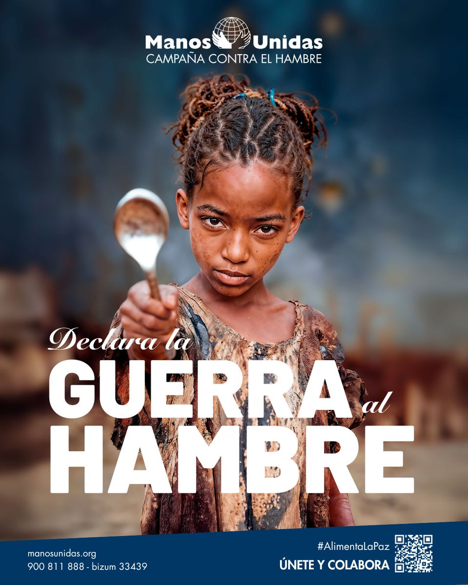 ManosUnidasONGD's tweet photo. ¿Y si ponemos toda nuestra energía en la lucha contra el hambre? 💙

“Declara la guerra al hambre”, te presentamos el lema de la campaña de Manos Unidas de 2026, junto con la imagen de cartel.

Una cuchara puede ser más poderosa que cualquier arma. Porque alimentar la paz empieza por combatir el hambre.

📷Más info en este enlace: https://t.co/jNy7x8gjPL
#AlimentaLaPaz