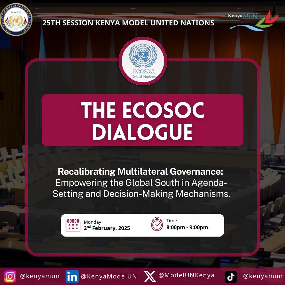 Who really sets the global agenda and who gets sidelined?  Join tonight’s ECOSOC Dialogue as we unpack power, voice, and the place of the Global South in global decision-making.
🔗meet.google.com/htg-wtod-zwt
#KMUN #ECOSOC #GlobalDialogue