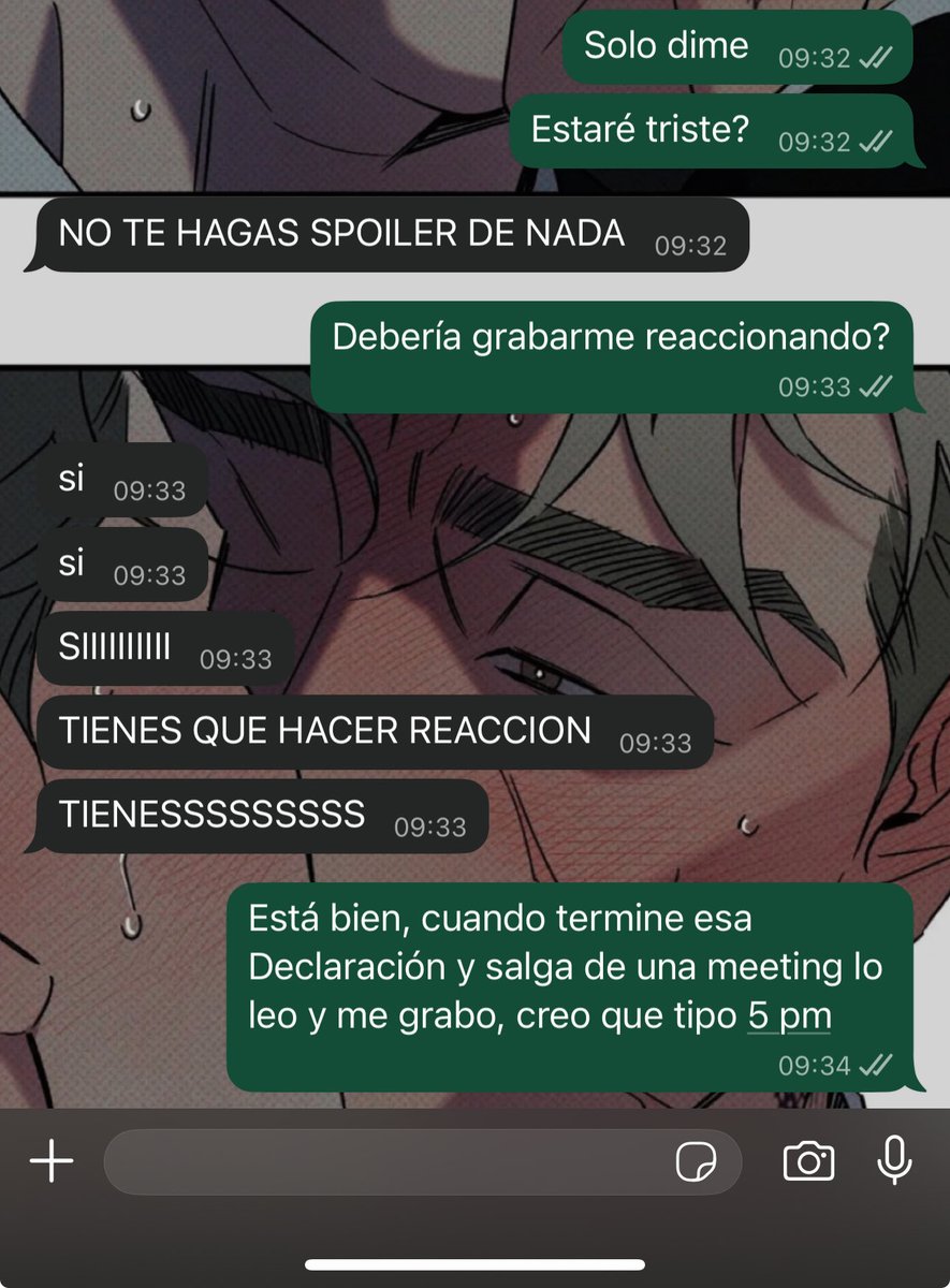 No he podido leer el capítulo de Wet Sand por cuestiones laborales, pero le pregunté a <a href="/MyNochuSquad/">💜Kookiela 💜 🫥 ✨구키엘라 ✨</a> si estaba triste (para ir haciéndome a la idea) y me respondió eso 👀 Tengo demasiadas expectativas! Y hace mucho no grabo una reacción, así que será divertido. Que nervios🤭