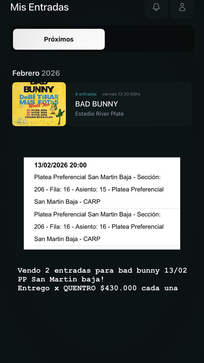 laroccacons1's tweet photo. Vendo entrada bad bunny en river viernes 13 de febrero platea preferencial San Martín baja 🐰 https://t.co/H3TvrSqks0